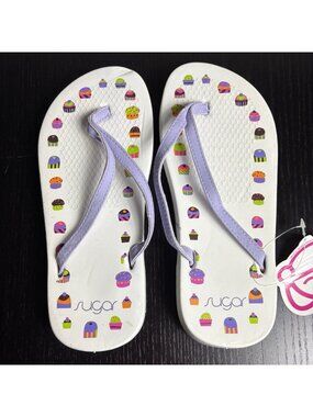 Vintage Y2K SUGAR Flip Flops Womens Size Small (5/6) White/Purple w/Cupcakes